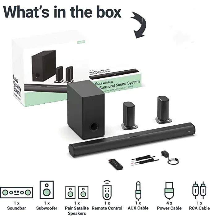 مكبر صوت لاسلكي 5.1 قناة، ساون - مراجعة Soundbar With Wireless Subwoofer 5.1Ch وسعره